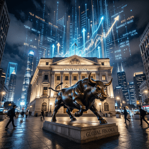 Bronze bull statue outside central bank with upward financial charts and stock market data graphics