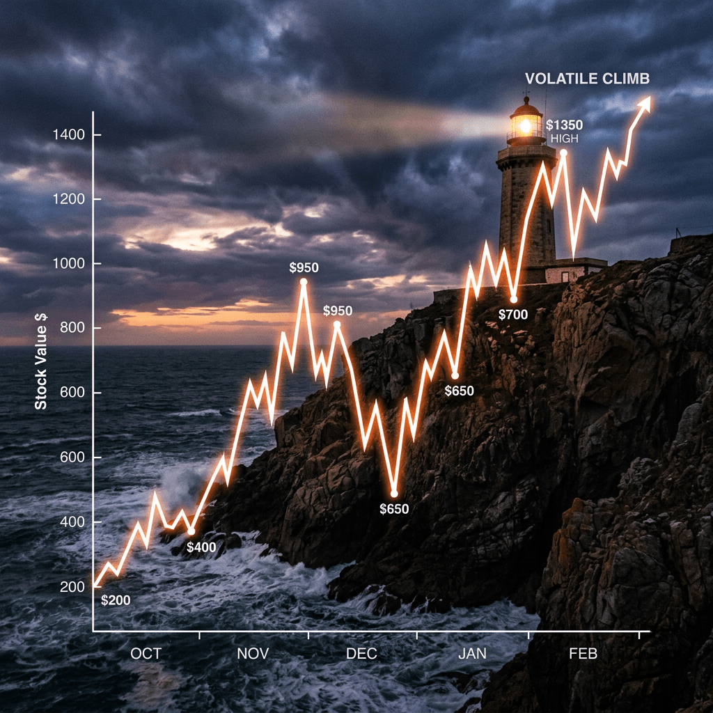 Stock value line graph showing a volatile climb from October to February over ocean and rocky cliff background with lighthouse
