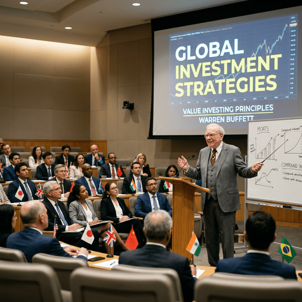 Senior man giving a lecture on global investment strategies to a diverse international audience in a conference room
