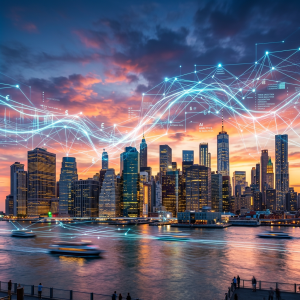 City skyline at sunset with digital network and AI analytics overlays